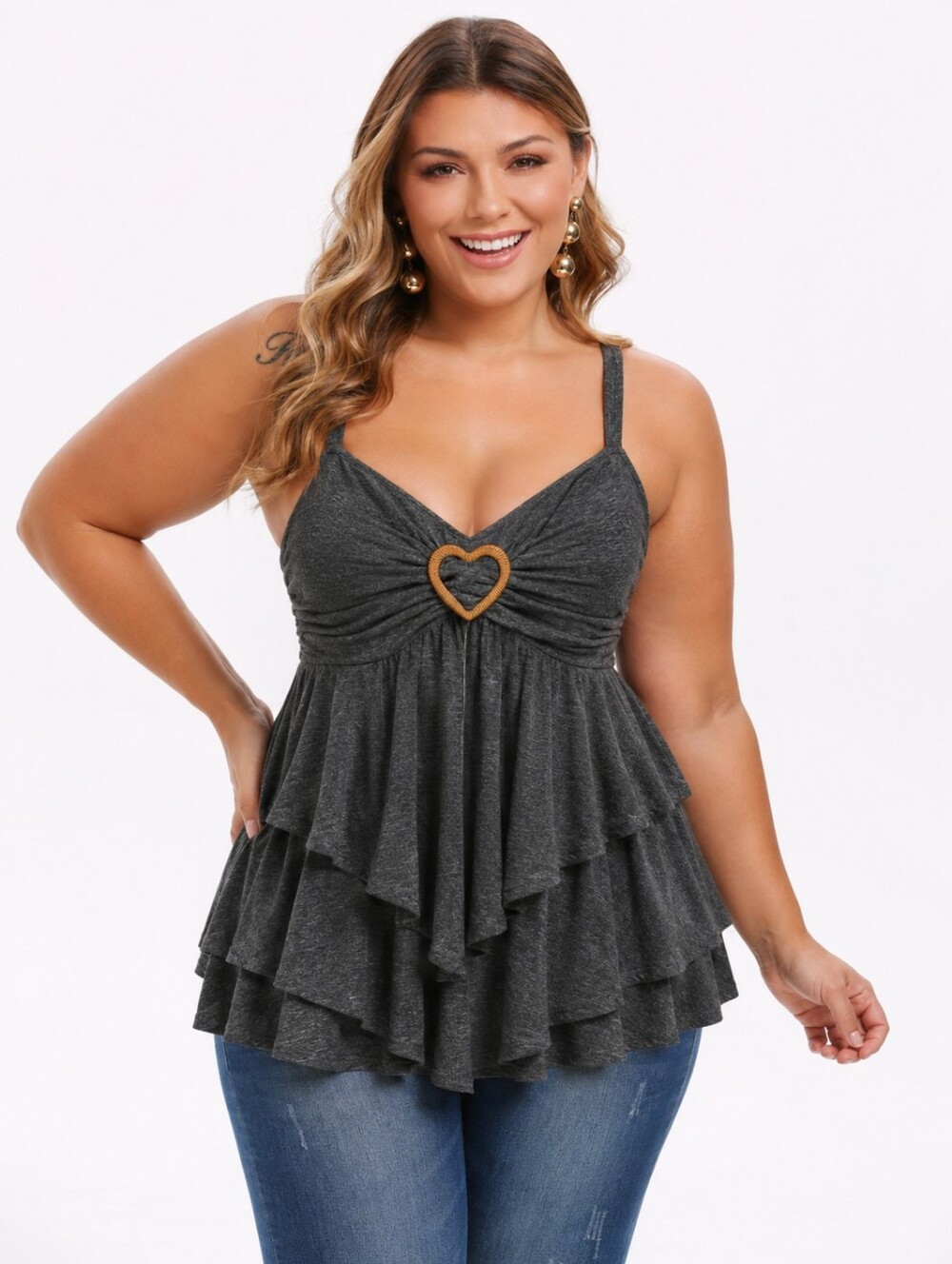 Rosegal Dark Heather Gray Tiered Babydoll Cami Tank Heart Buckle Plus 2XL